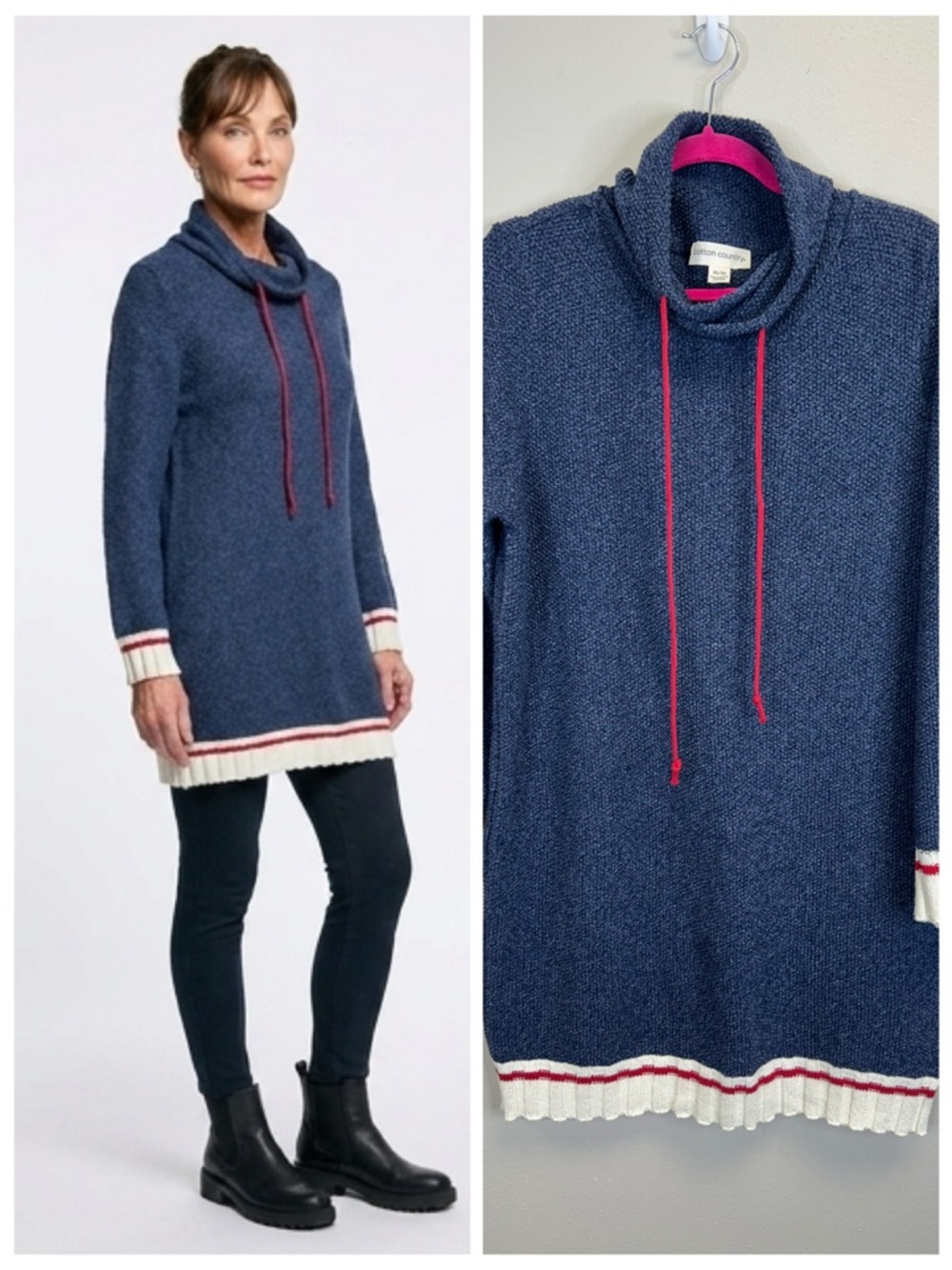 Sustainable Cowl Neck Tunic Top Size M Sweater Navy Casual Nautical Classic